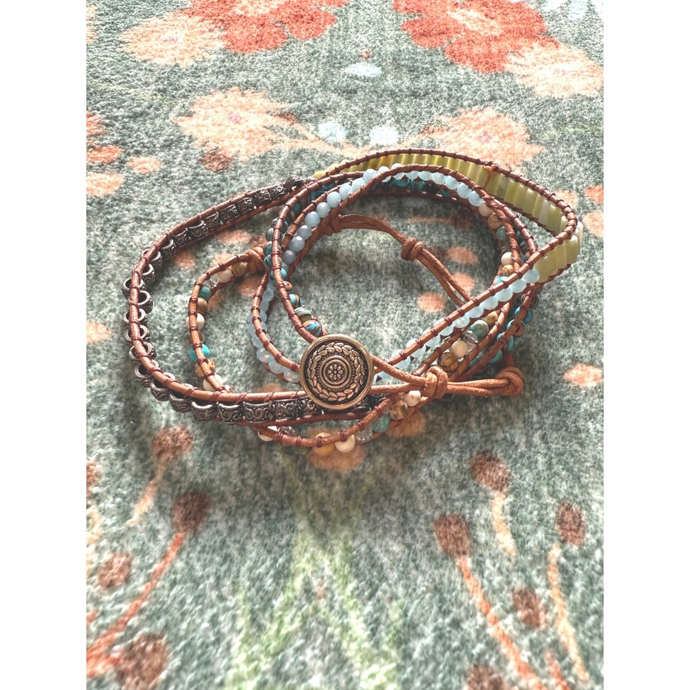 Boho Leather Wrap Bracelet Multi‎ Strand Stone Bead Turquoise Silver Tone Button